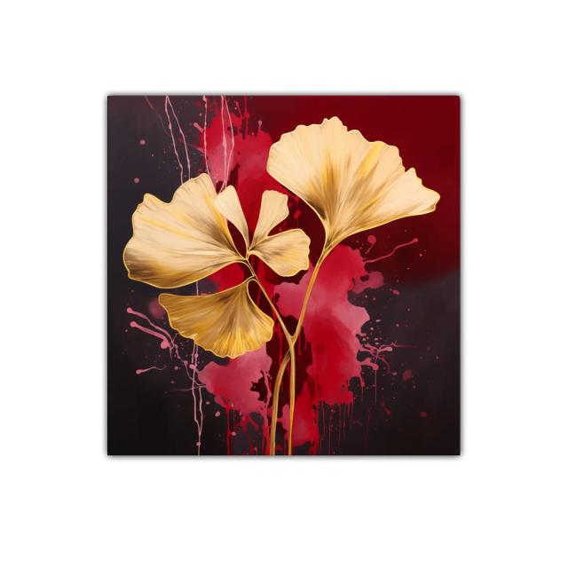 Elegancia dorada con hojas abstractas sobre fondo rojo intenso