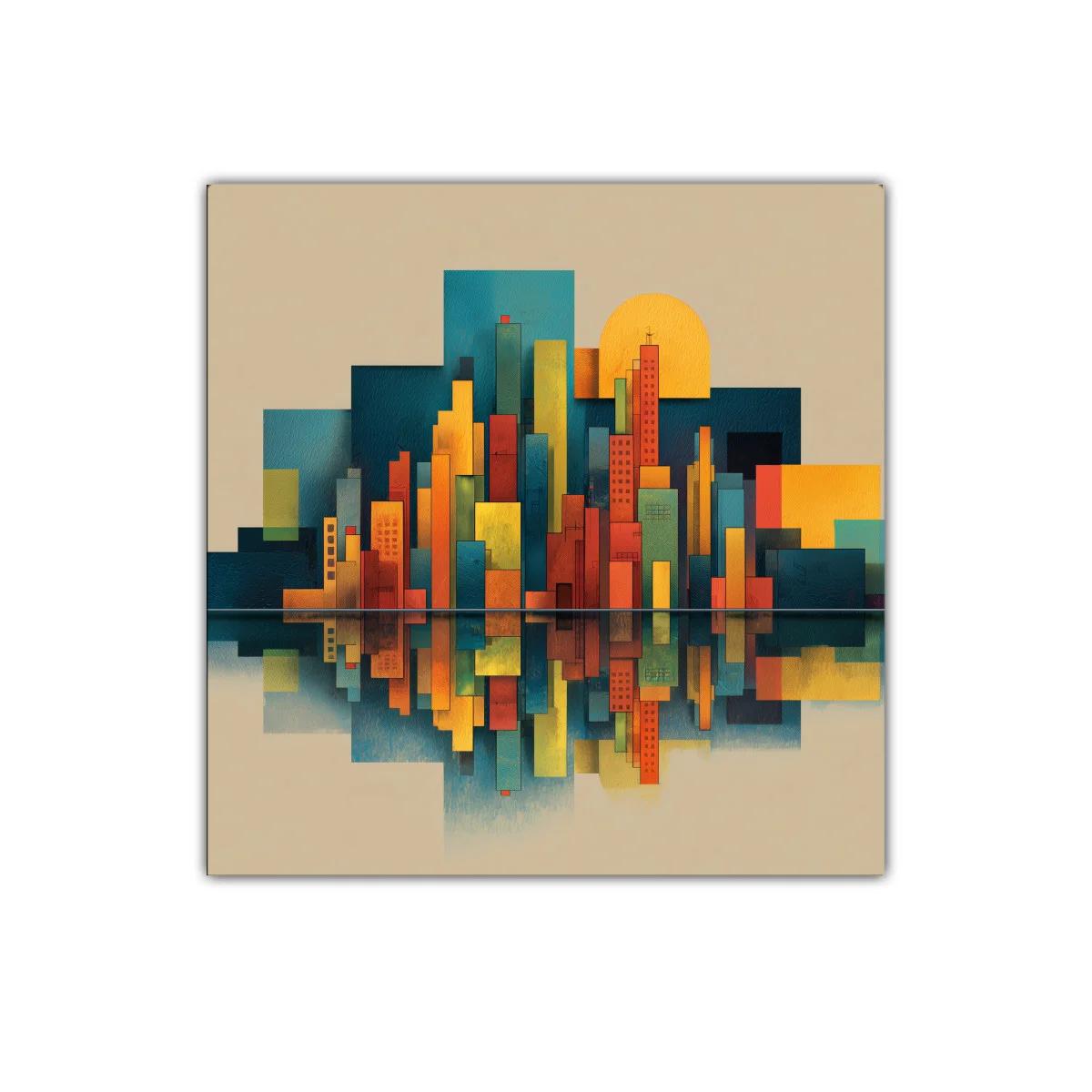 Cuadro de ciudad geométrica con reflejo al atardecer — imagen principal