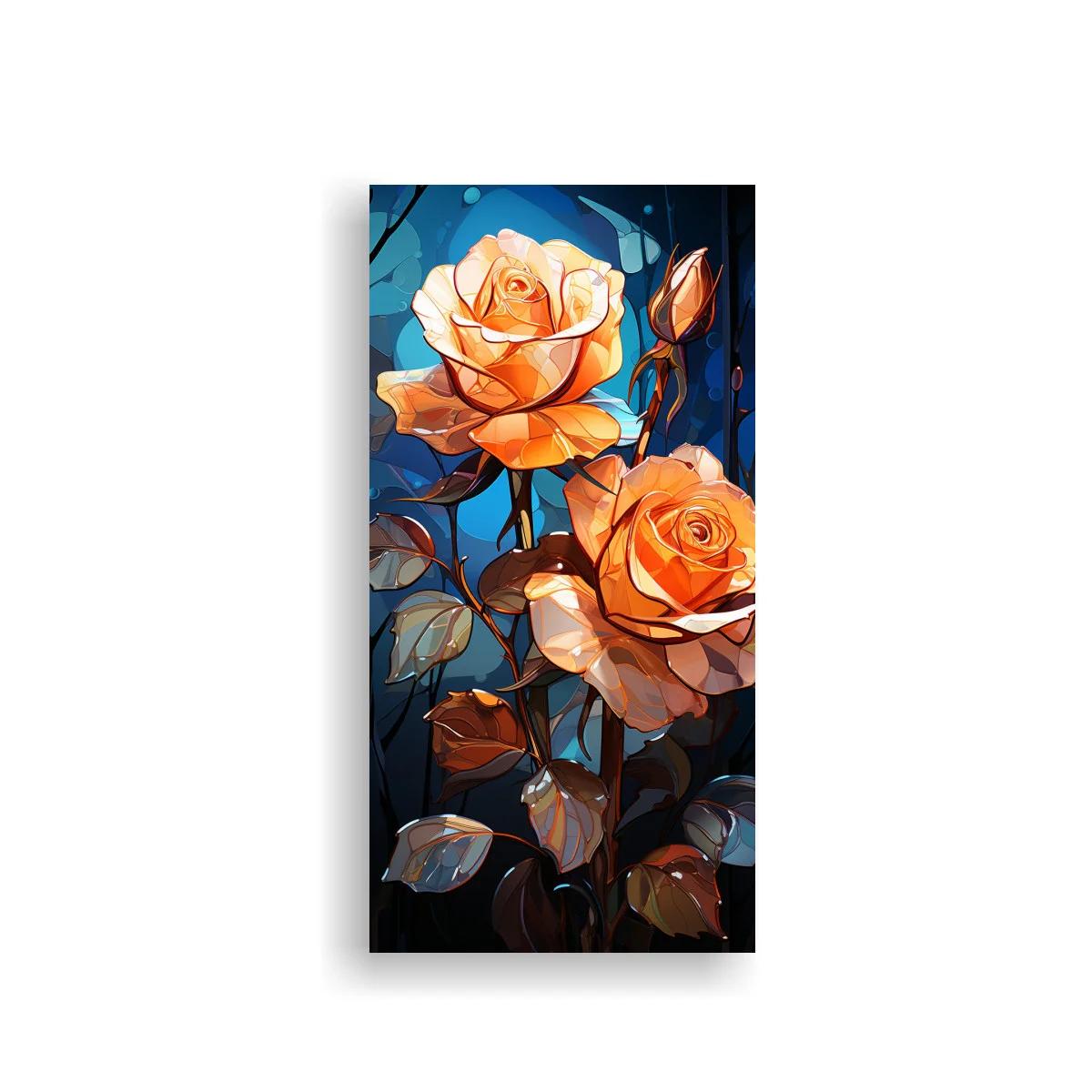 Cuadro rosas anaranjadas con fondo azul turquesa