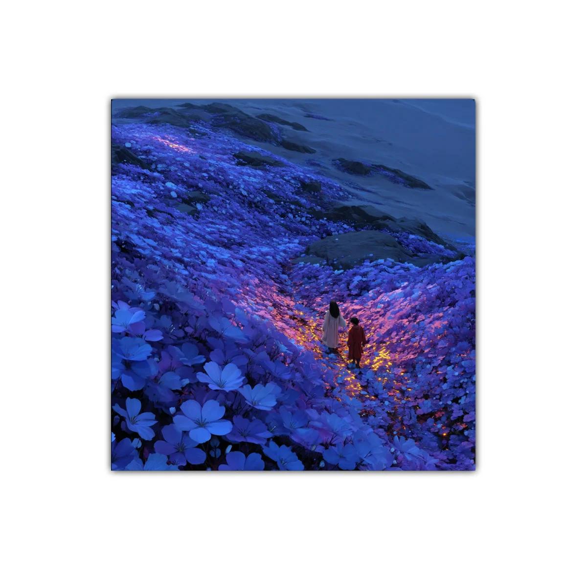 Camino rodeado de flores azules con luces doradas — imagen principal