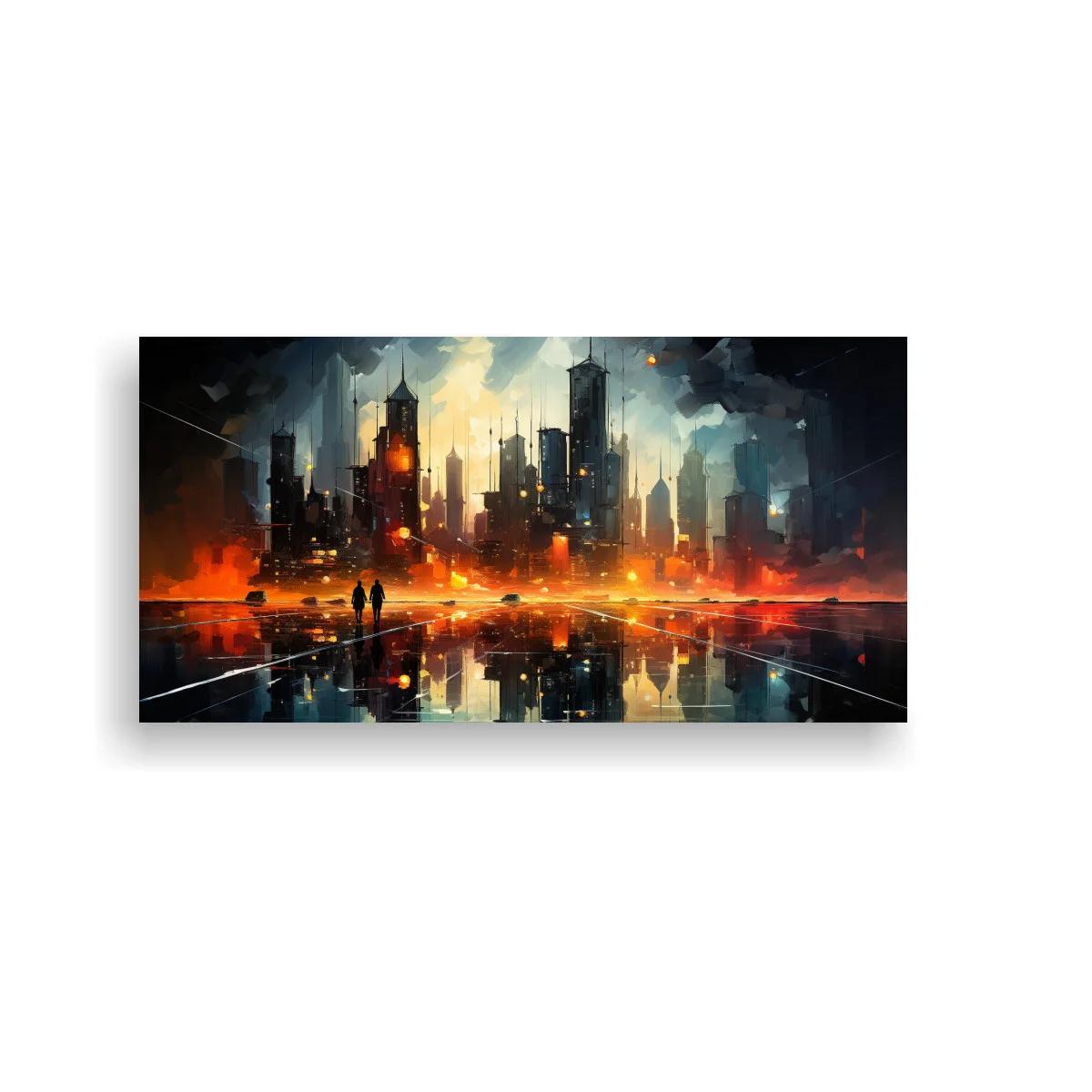 Cuadro skyline urbano futurista con reflejo en agua