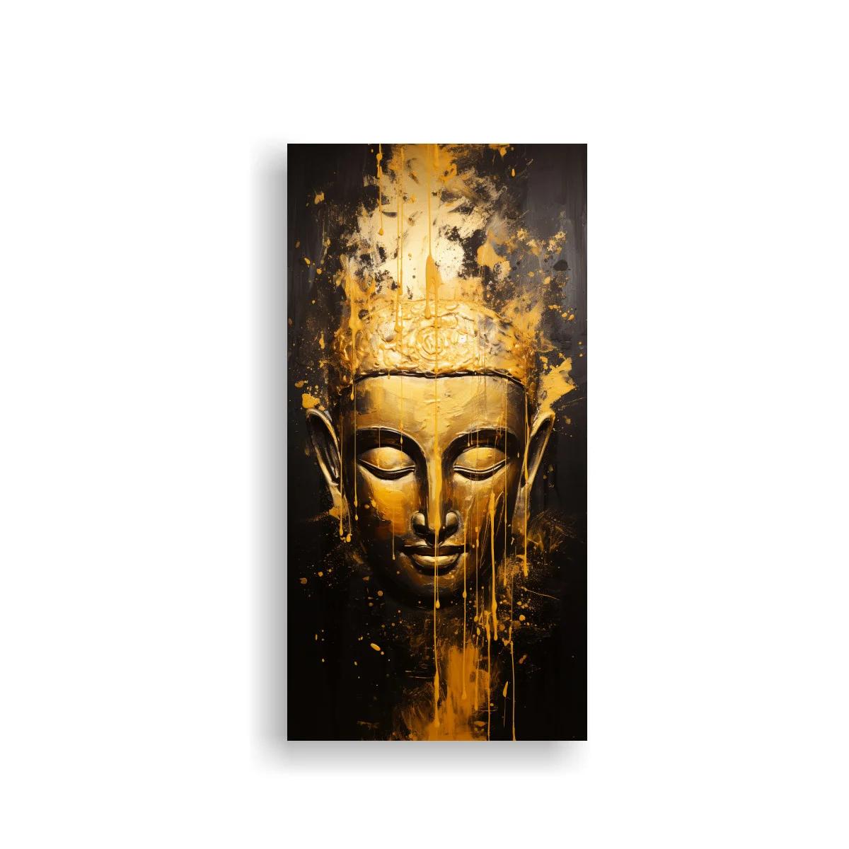 Cuadro rostro de Buda dorado con salpicaduras y goteos