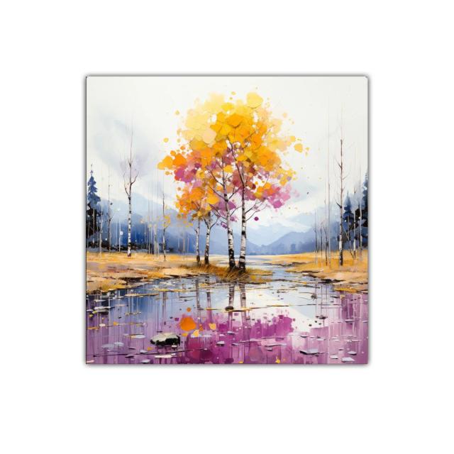 Paisaje otoñal con árboles de tonos cálidos y reflejos