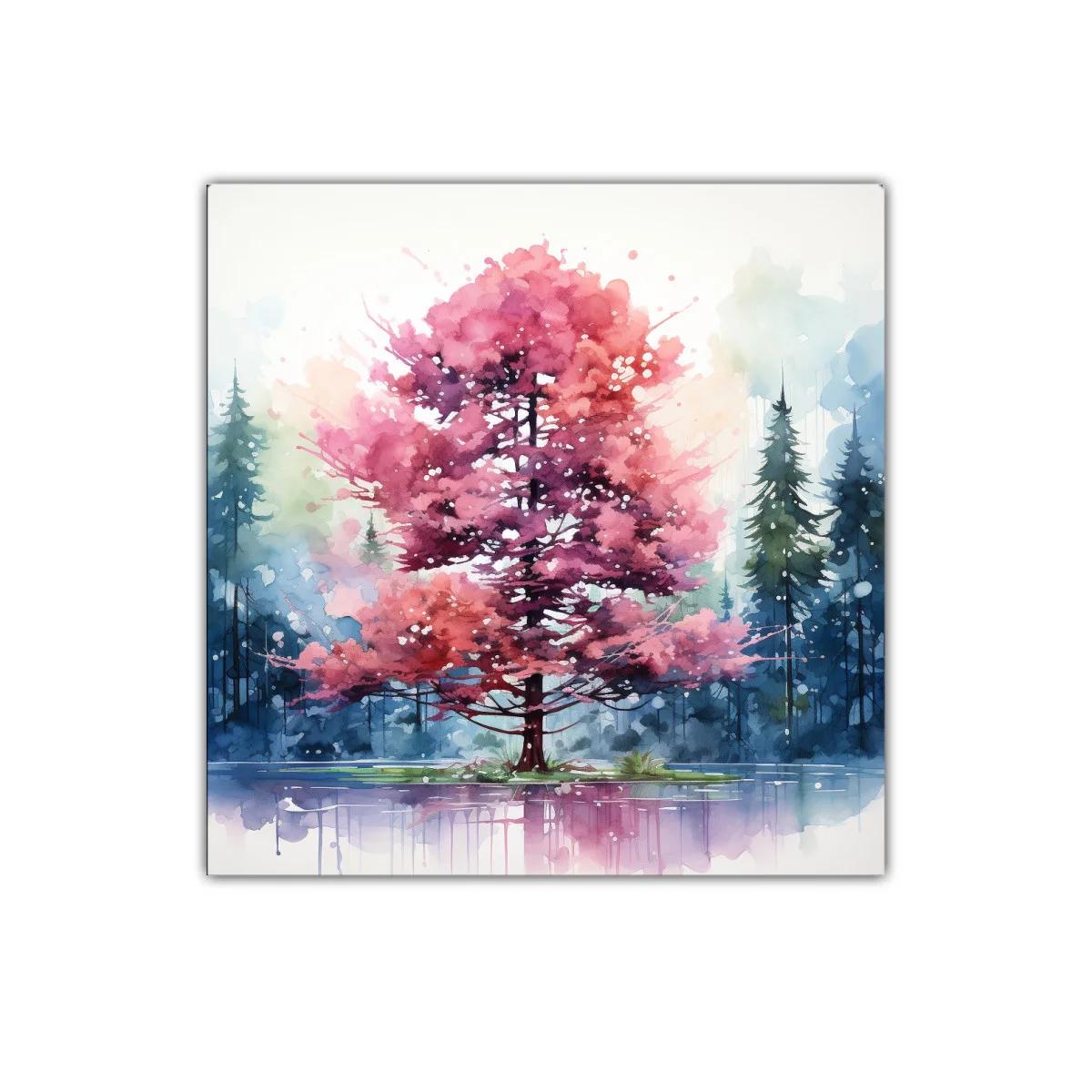 Árbol rosa en lago con fondo de pinos azules y verdes