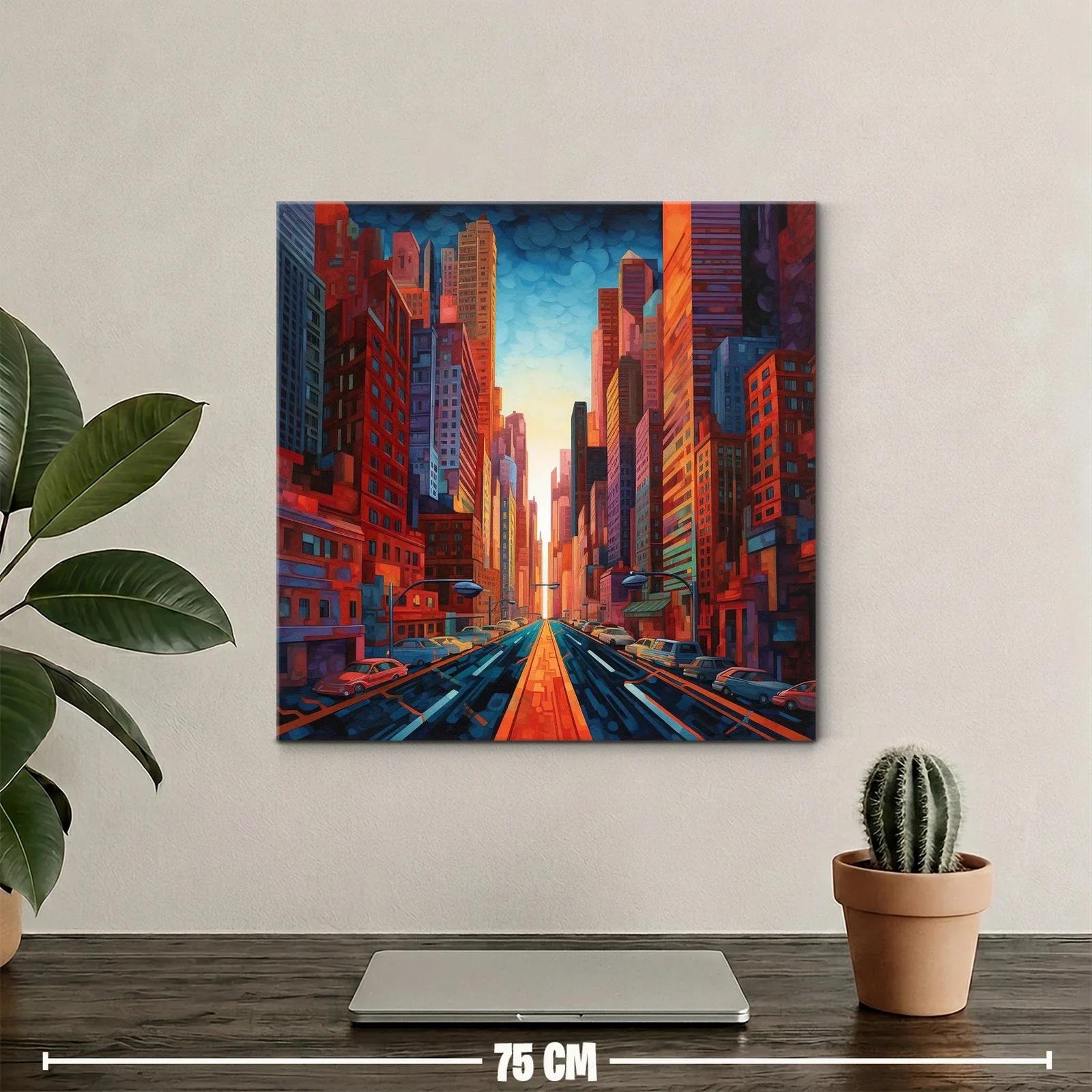 Cuadro urbano con arquitectura vibrante y luz cálida al atardecer — miniatura 2