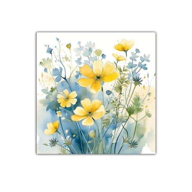 Cuadro floral con flores amarillas sobre fondo azul suave