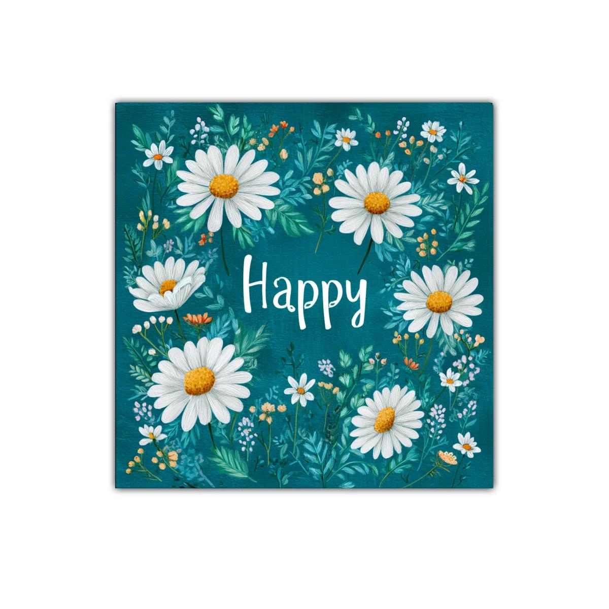Cuadro decorativo con flores blancas y mensaje alegre