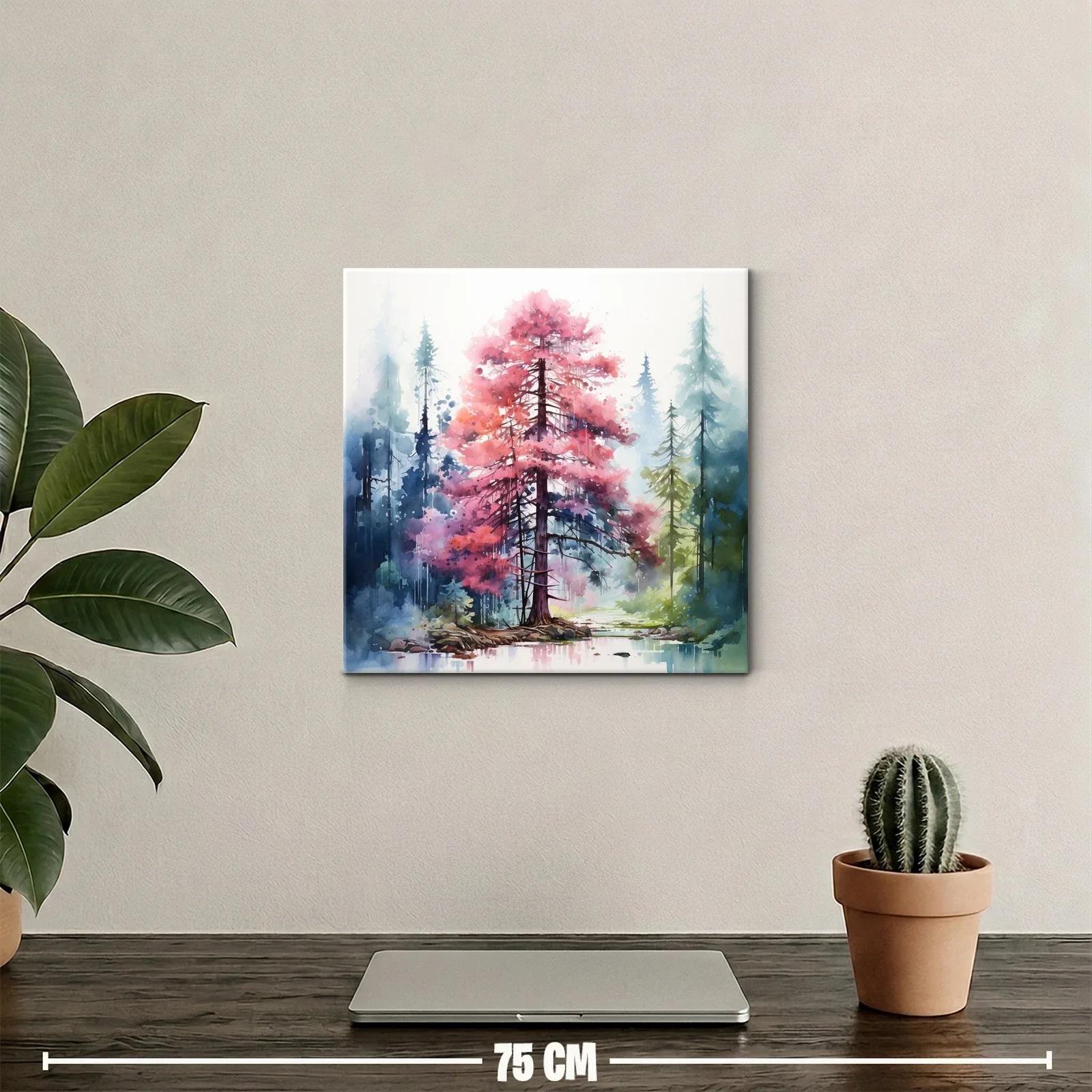 Bosque encantado con árbol rosa en paisaje sereno — miniatura 2