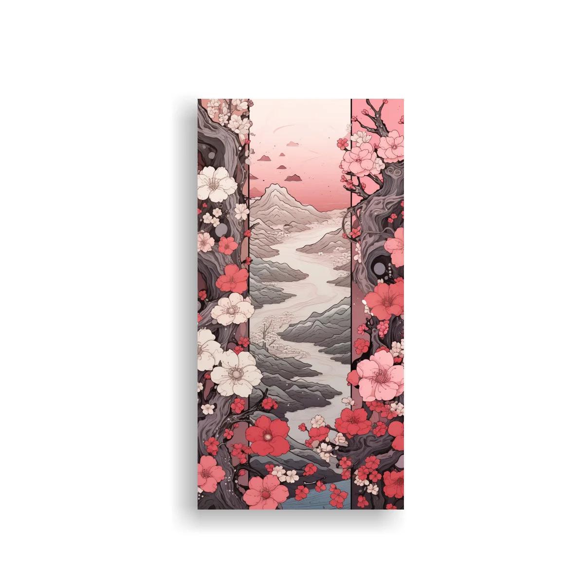 Cuadro paisaje montañoso enmarcado por flores de cerezo