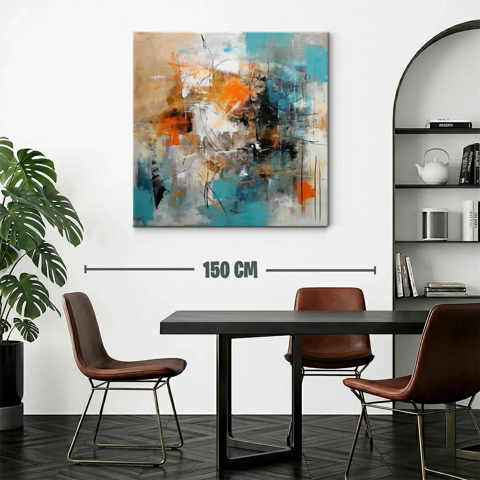 Cuadro abstracto con toques en turquesa y naranja vibrante — miniatura 2