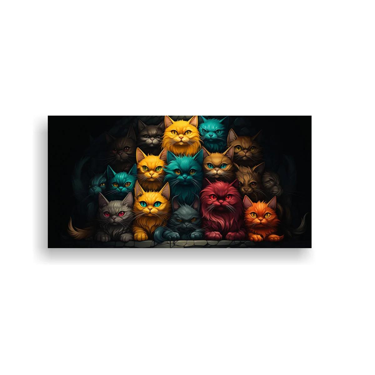 Cuadro grupo de gatos de colores emergiendo de un fondo oscuro