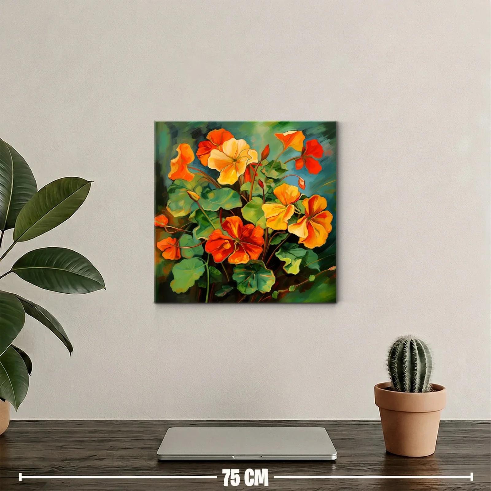 Cuadro vibrante con flores en tonos cálidos y verdes — miniatura 2