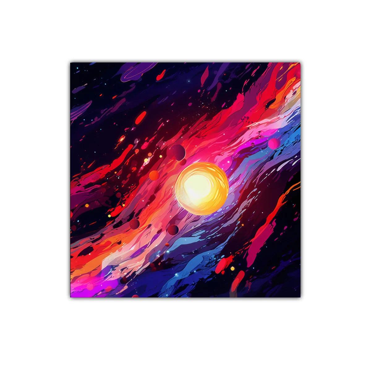 Cuadro vibrante con galaxia y planetas en colores intensos