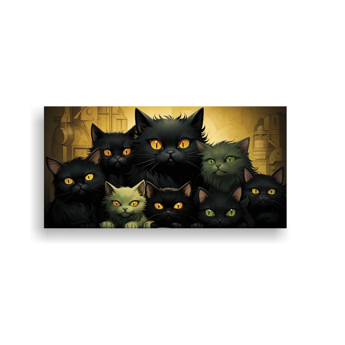 Cuadro grupo de gatos negros con fondo dorado — imagen principal