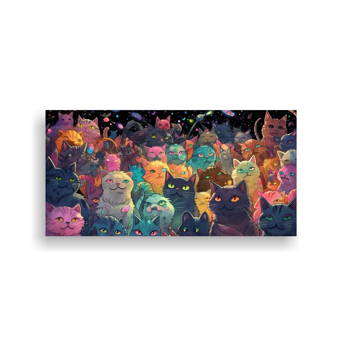 Cuadro grupo de gatos de colores bajo un cielo estrellado