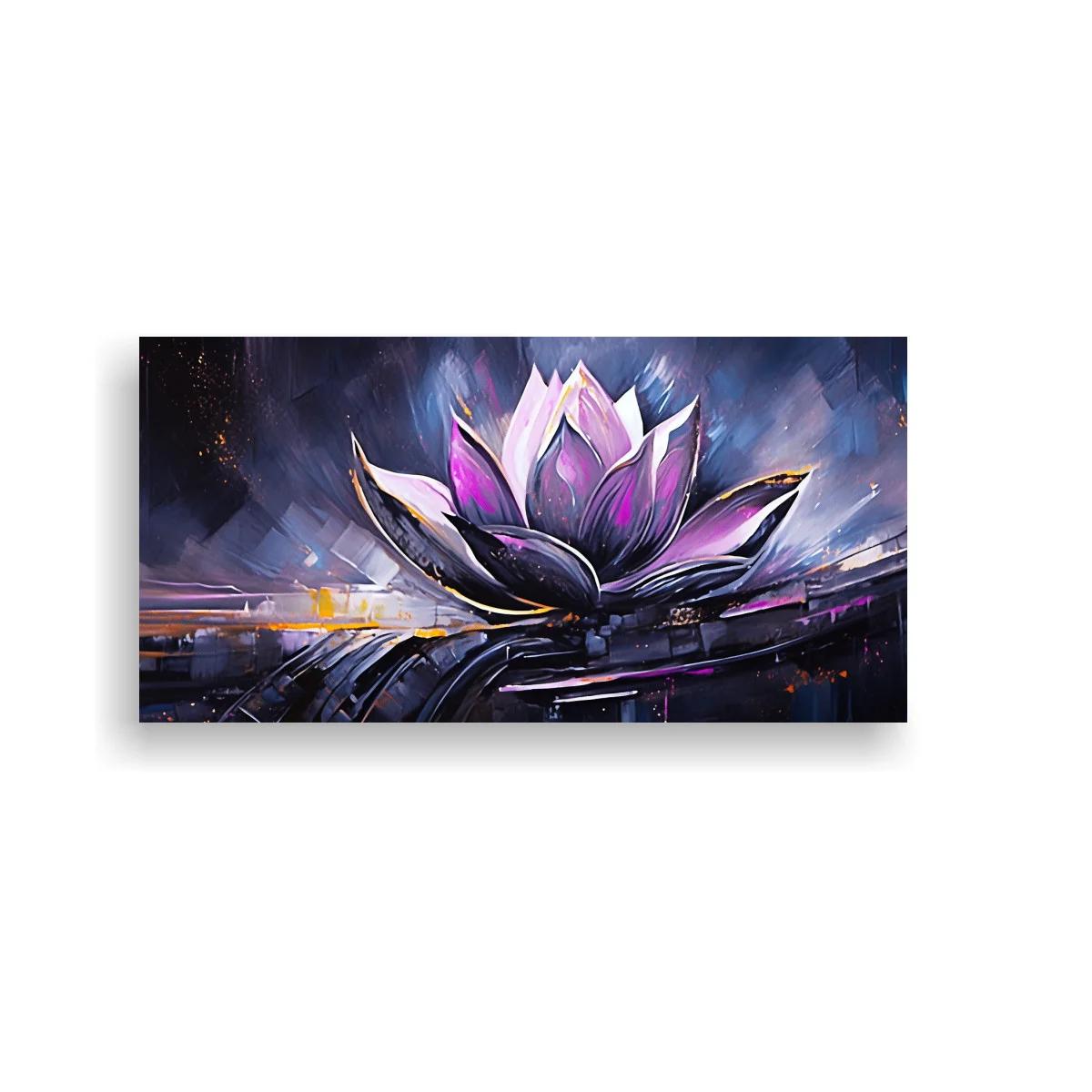 Cuadro flor de loto morada con trazos geométricos