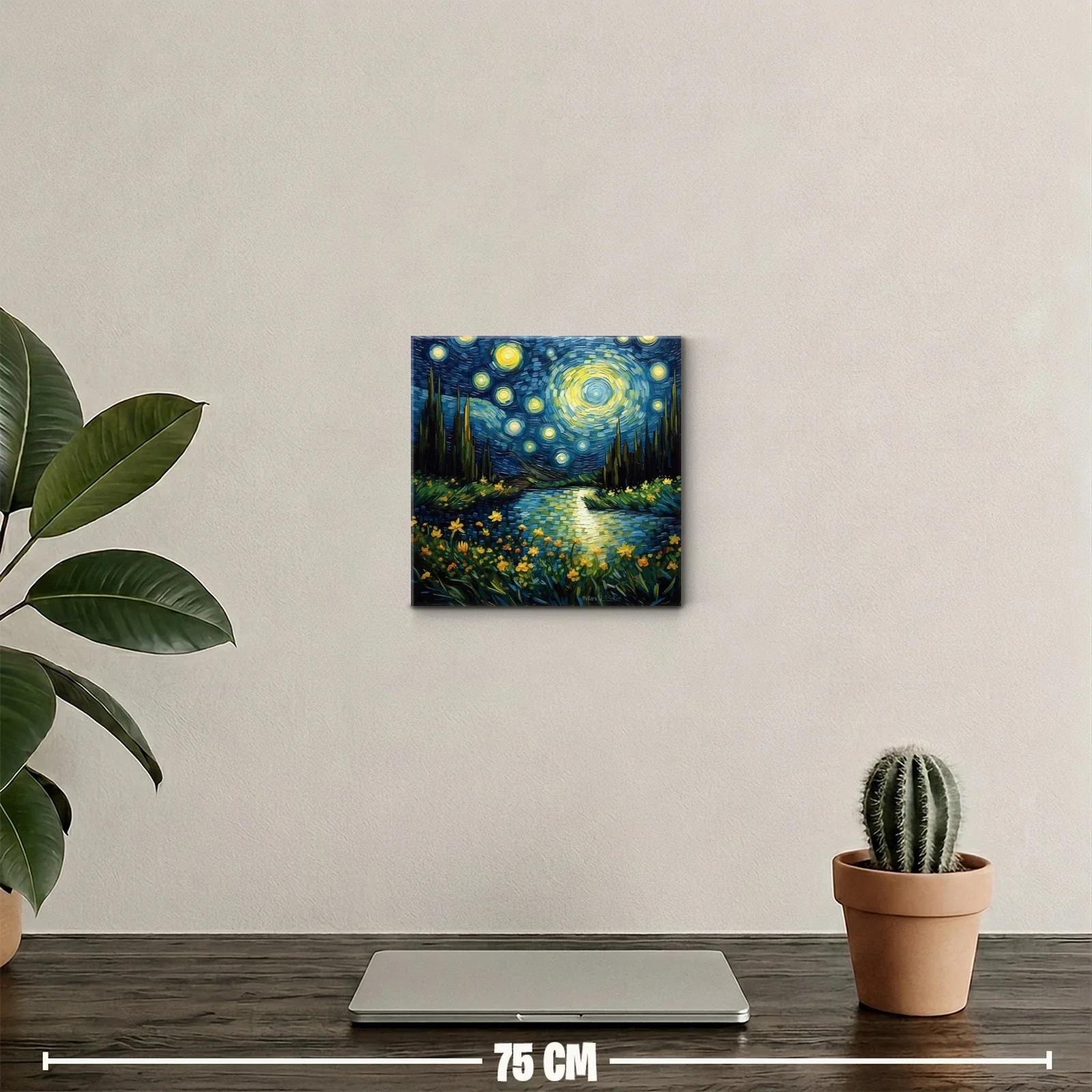 Paisaje nocturno estrellado con flores luminosas y río sereno — miniatura 2