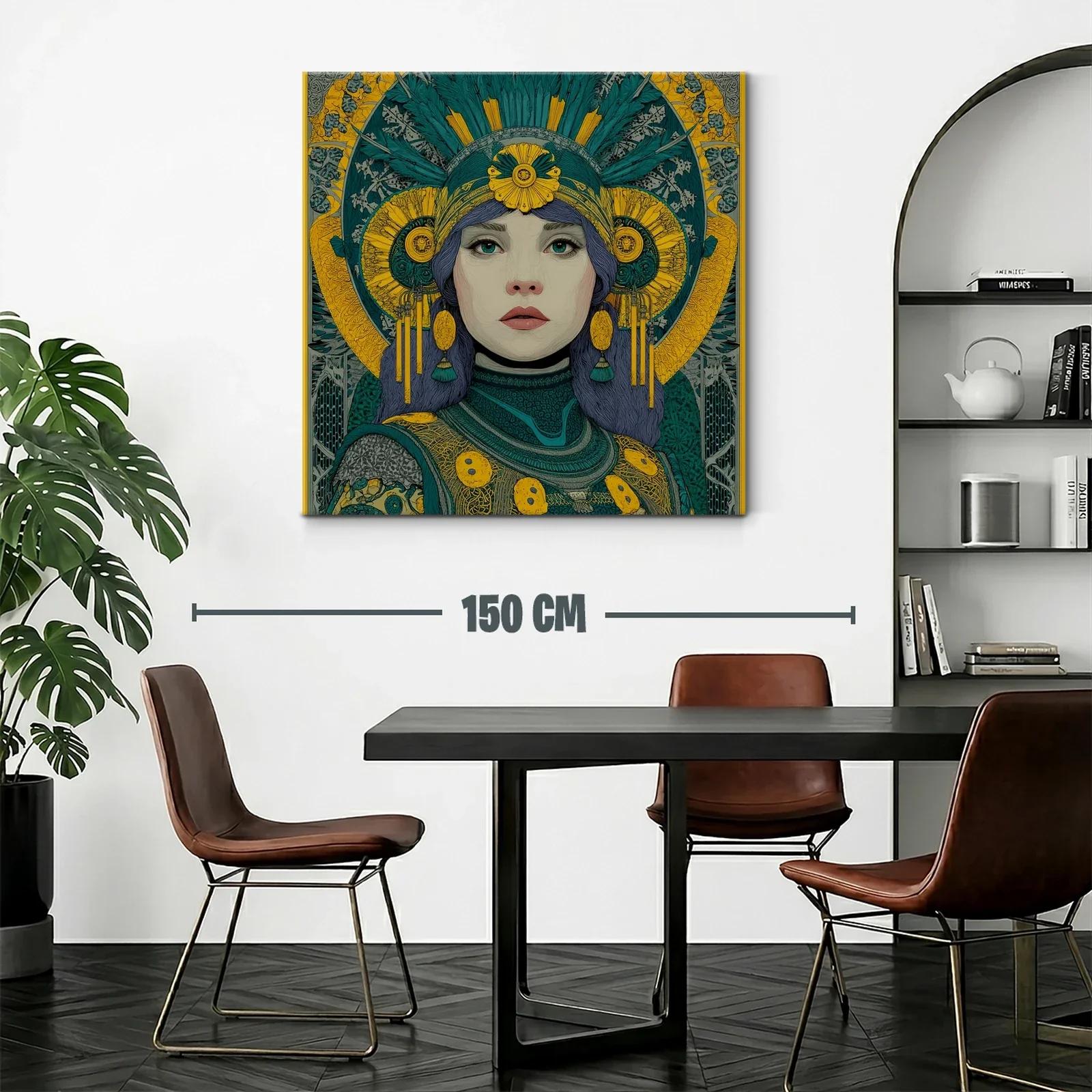 Retrato femenino con detalles ornamentales en tonos verdes y amarillos — miniatura 2