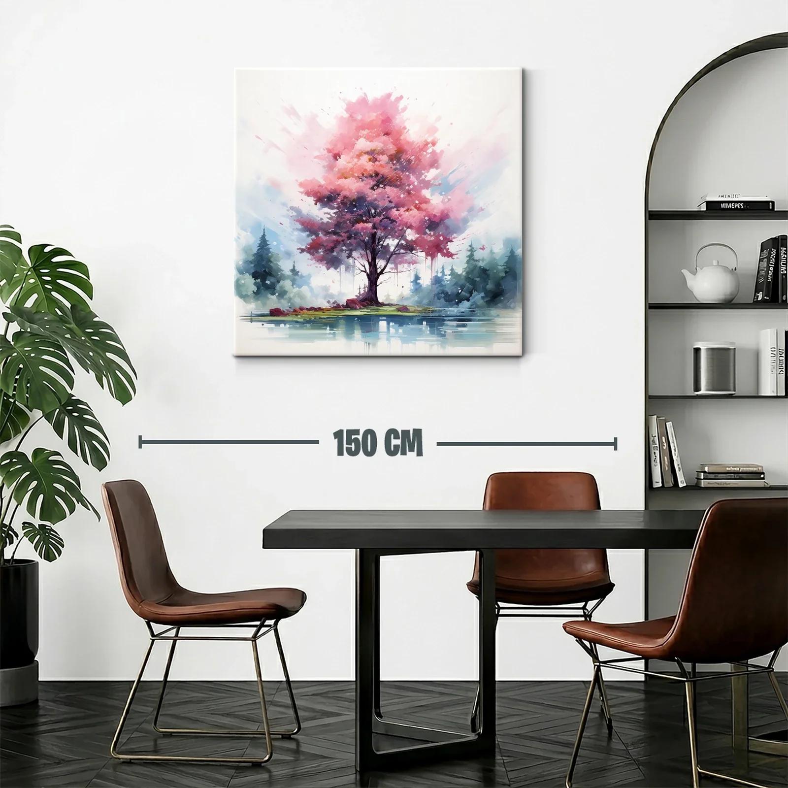 Árbol rosa vibrante junto a lago en paisaje sereno — miniatura 2