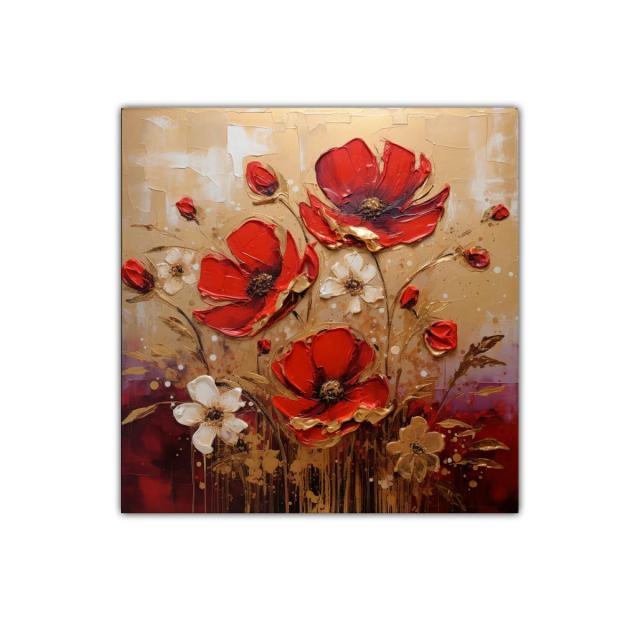 Cuadro decorativo con flores rojas y tonos dorados vivos