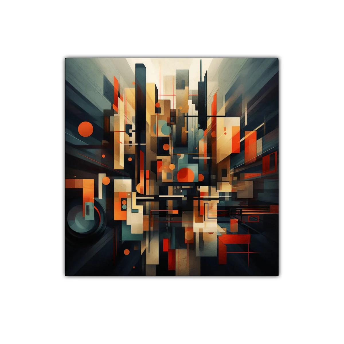 Composición abstracta urbana con formas geométricas y colores cálidos