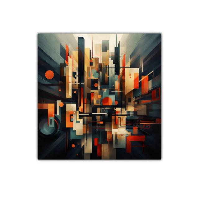 Composición abstracta urbana con formas geométricas y colores cálidos