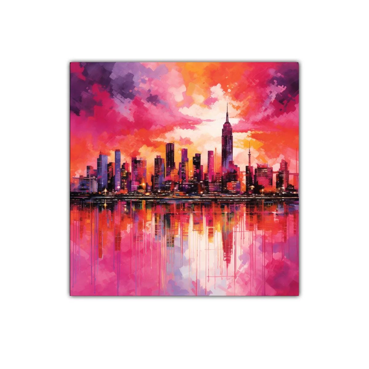 Atardecer vibrante en skyline urbano con reflejos intensos
