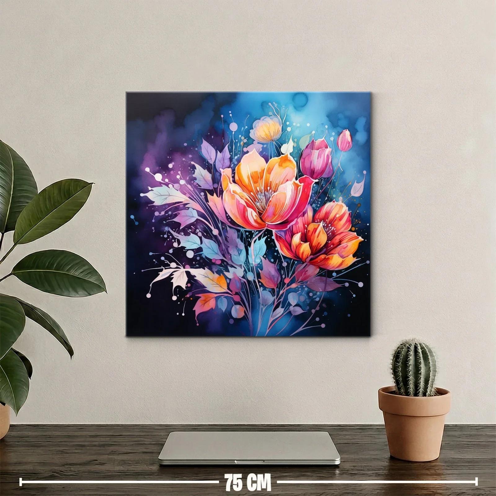 Ramo vibrante de flores en tonos cálidos y fondo azul — miniatura 2