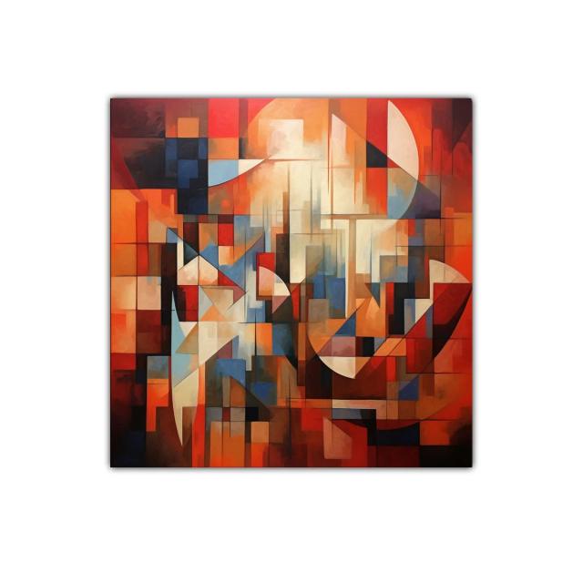Arte geométrico vibrante con tonos cálidos y fríos