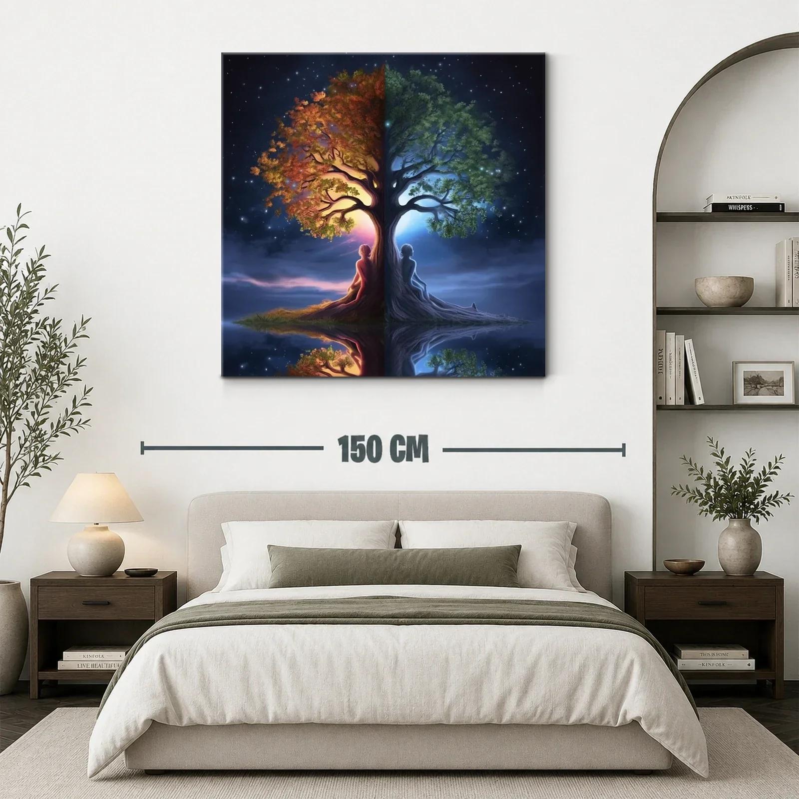 Cuadro árbol dual con figuras humanas y contraste día noche — miniatura 3