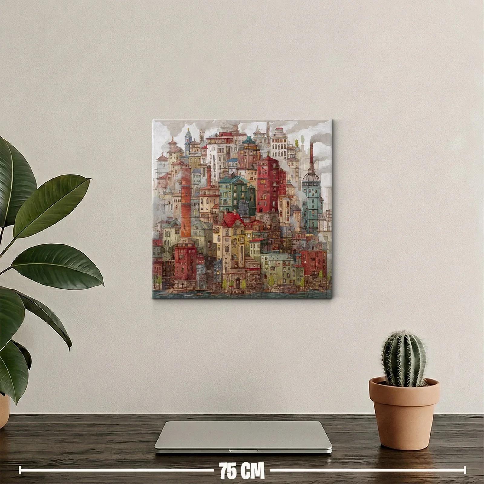 Ciudad onírica de casas densas y chimeneas humeantes — miniatura 2