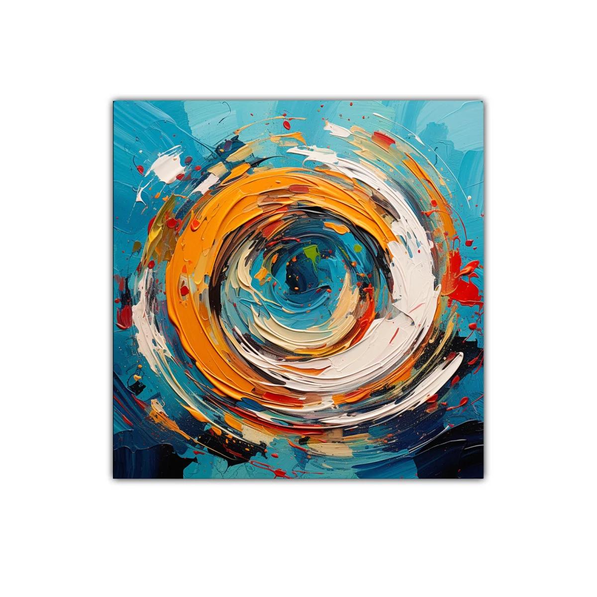 Cuadro abstracto con remolino en tonos azules y naranjas vivos