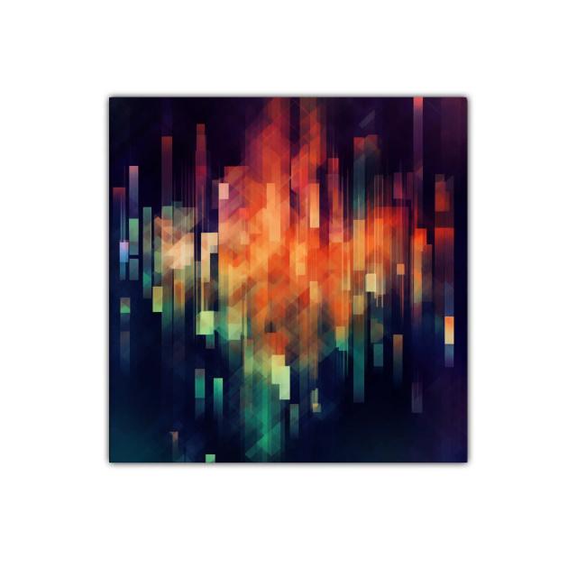 Cuadro abstracto vibrante con formas geométricas y luces intensas