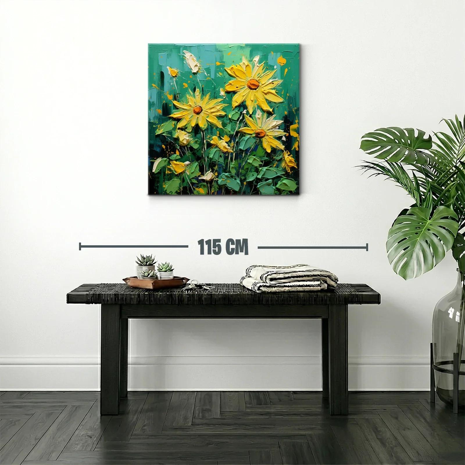 Cuadro vibrante con flores amarillas sobre fondo verde intenso — miniatura 2