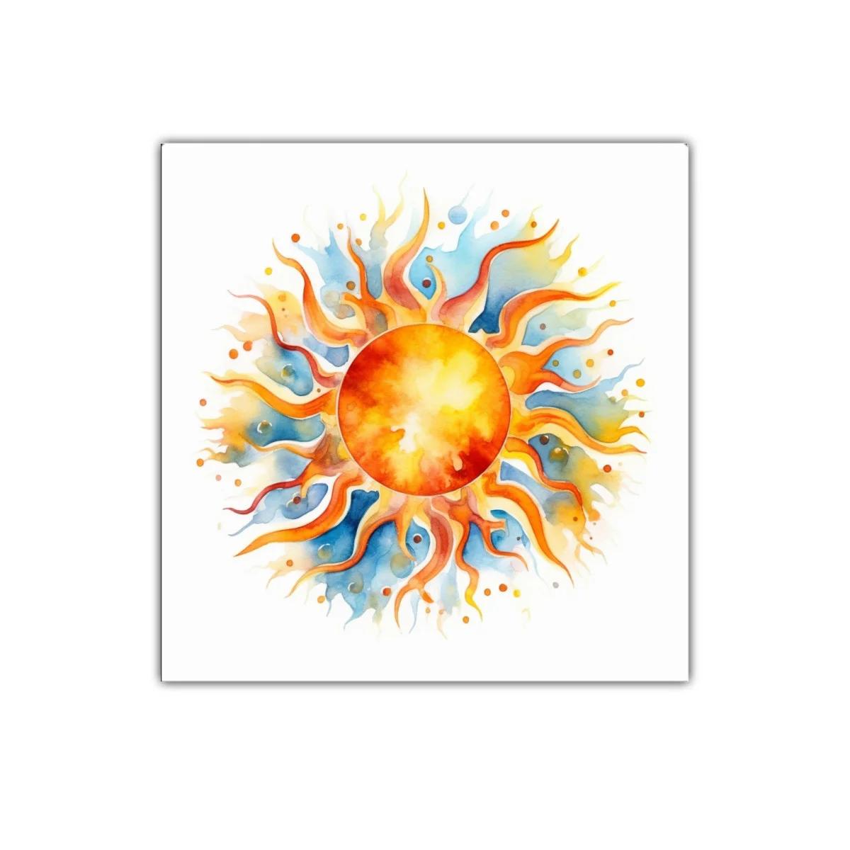 Sol radiante con flamas naranjas y tonos azules de acuarela — imagen principal