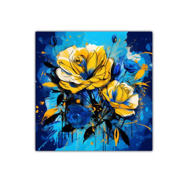 Cuadro floral vibrante con rosas en tonos azules y amarillos