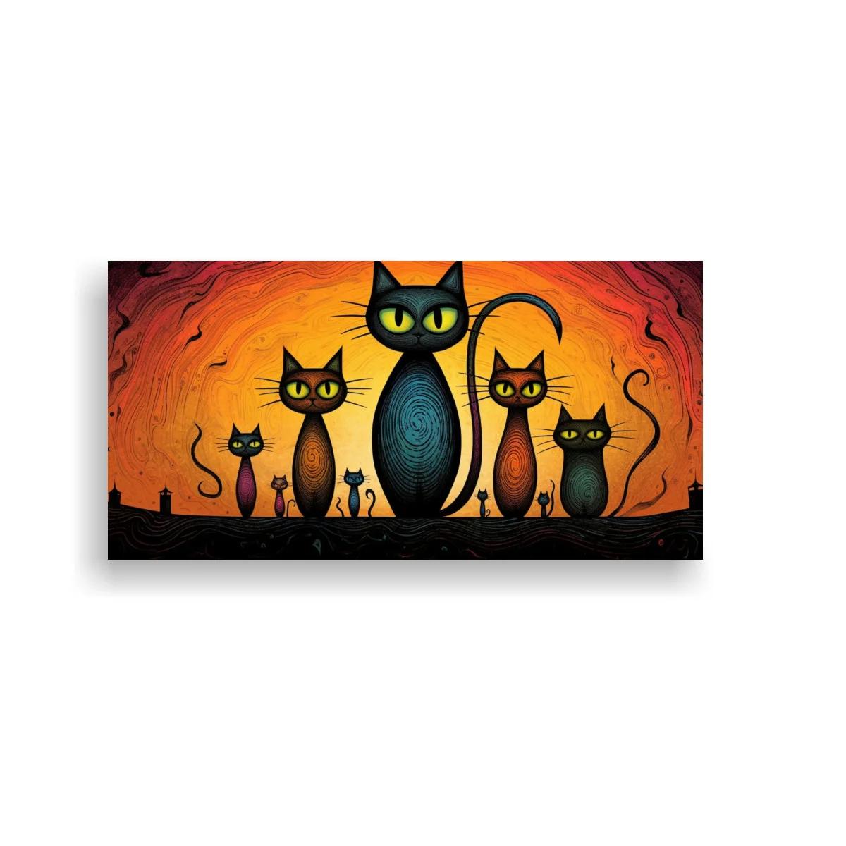 Cuadro familia de gatos negros con fondo en remolino — imagen principal