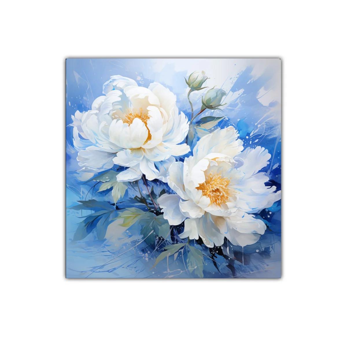 Cuadro floral con peonías blancas sobre fondo azul — imagen principal