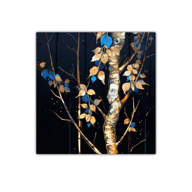 Cuadro Árbol con Hojas en Tonos Azules y Dorados