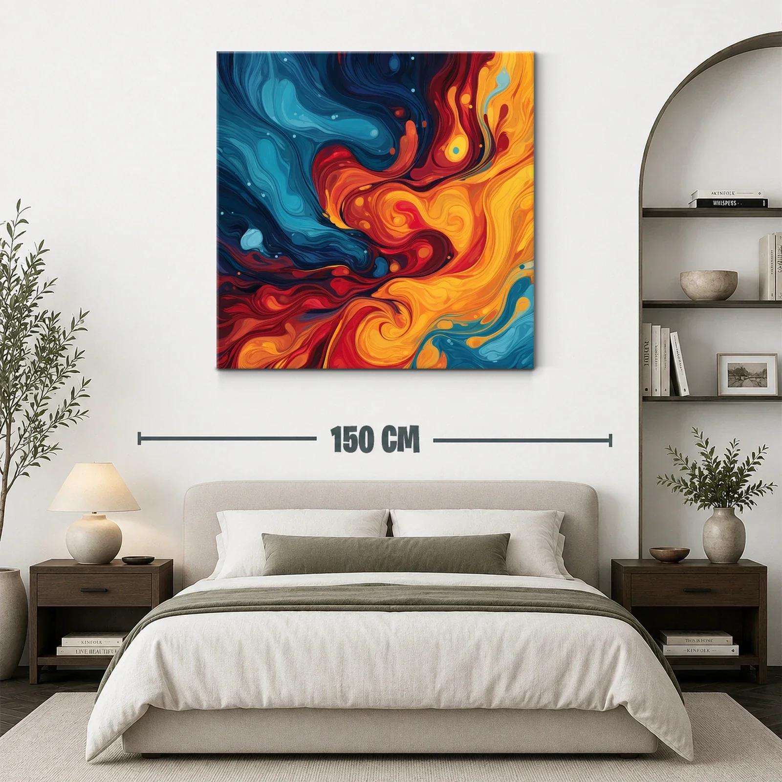Cuadro abstracto con remolinos en tonos cálidos y fríos — miniatura 3