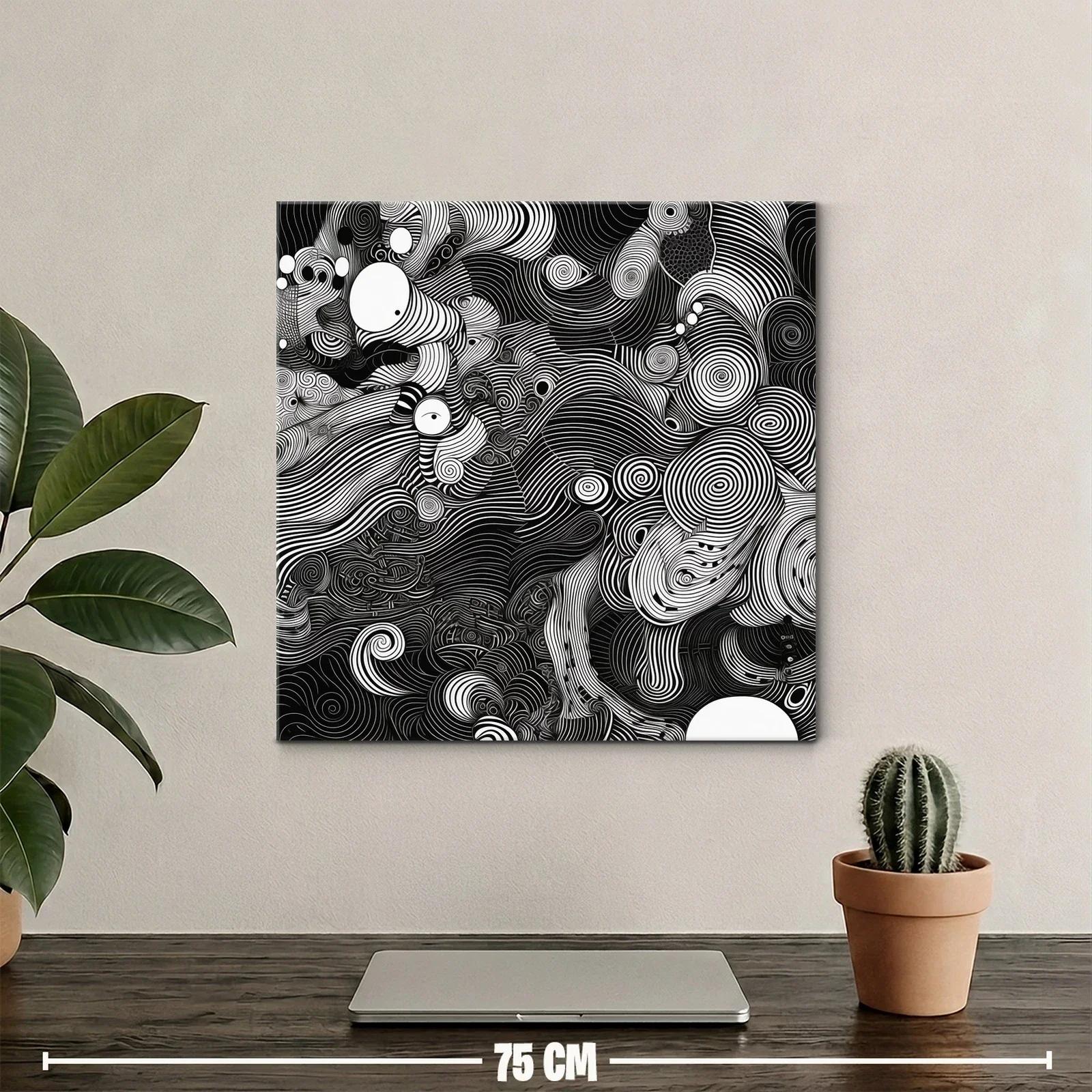 Cuadro abstracto en blanco y negro con líneas onduladas y espirales — miniatura 2
