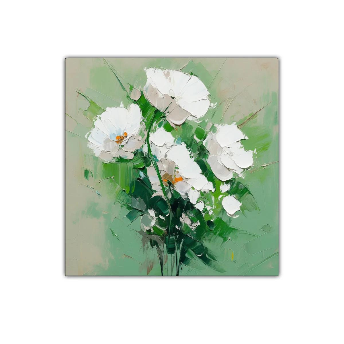 Cuadro flores blancas sobre fondo verde suave