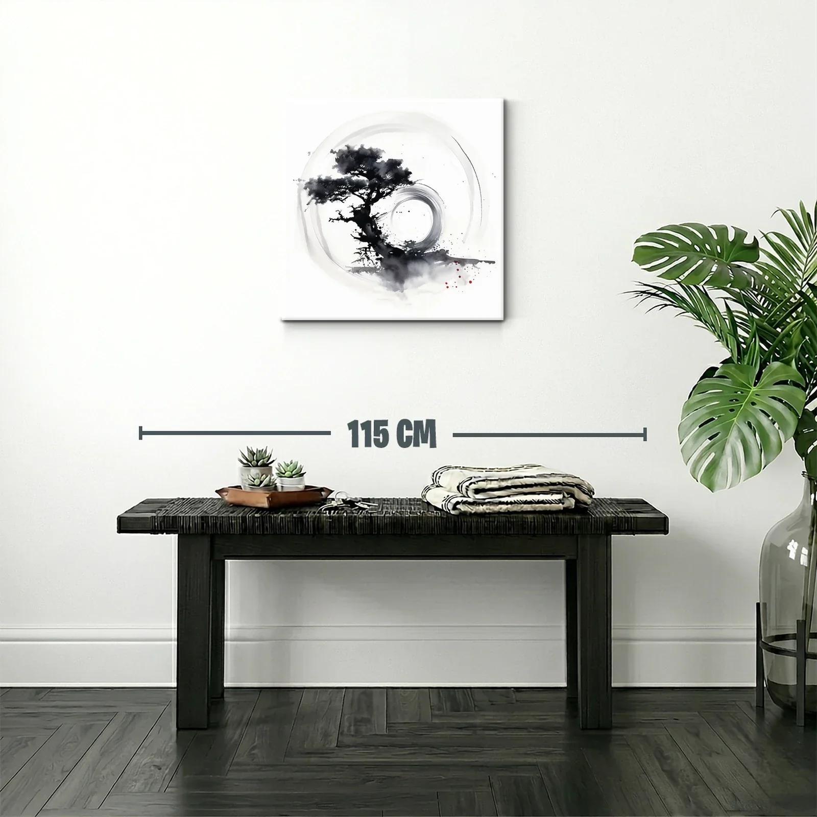 Cuadro árbol zen con círculo en tinta monocroma — miniatura 2