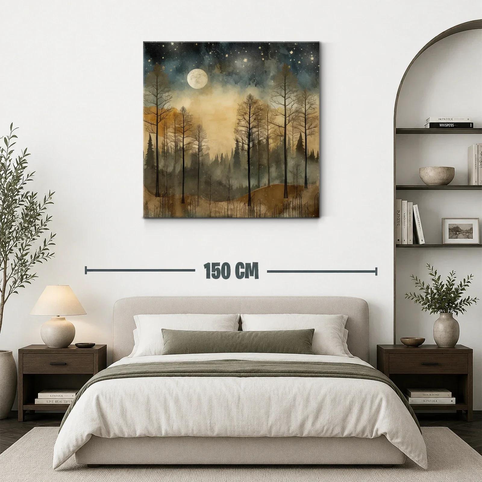 Bosque al claro de luna con cielo estrellado y neblina — miniatura 3