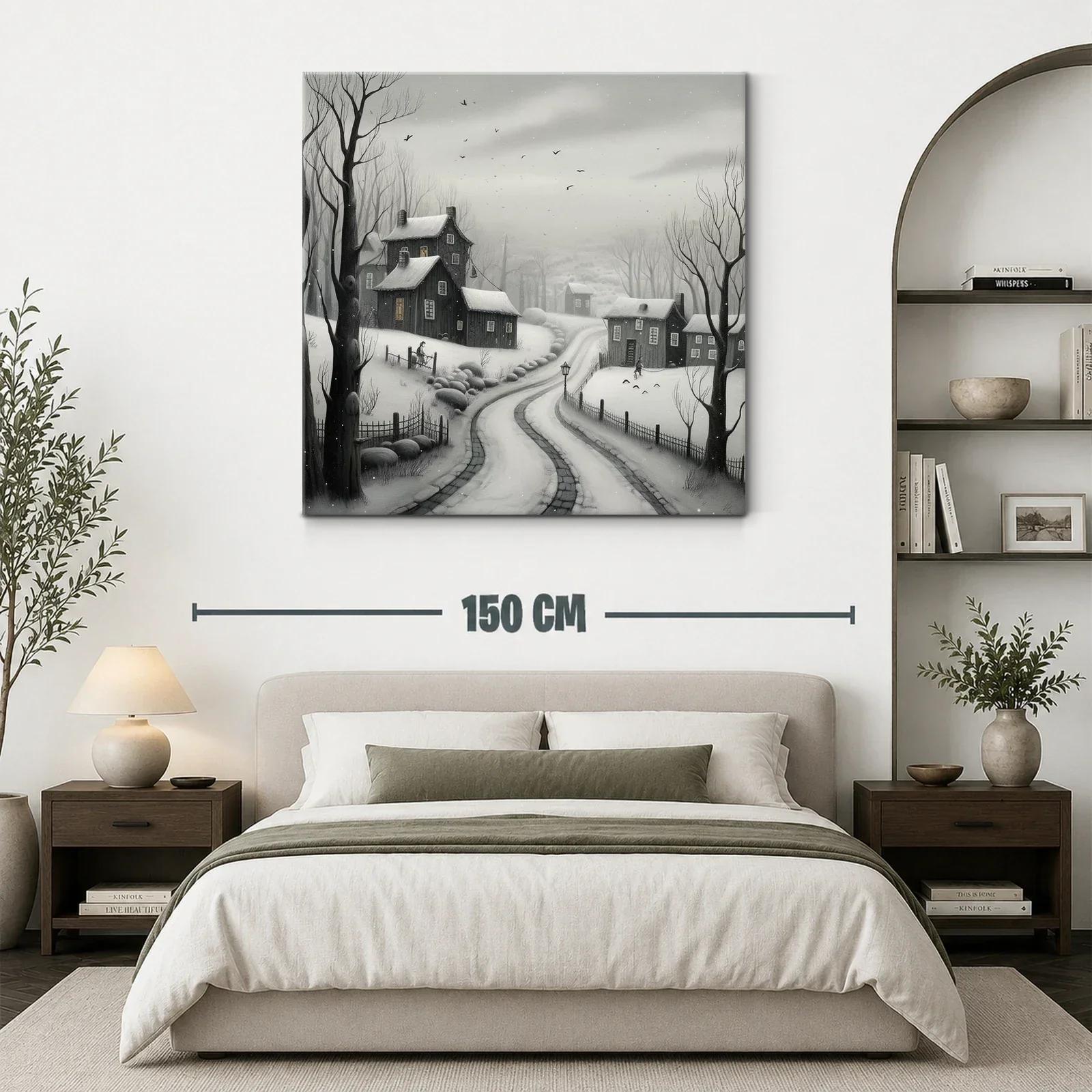 Paisaje invernal con casas y camino nevado en tonos grisáceos — miniatura 3