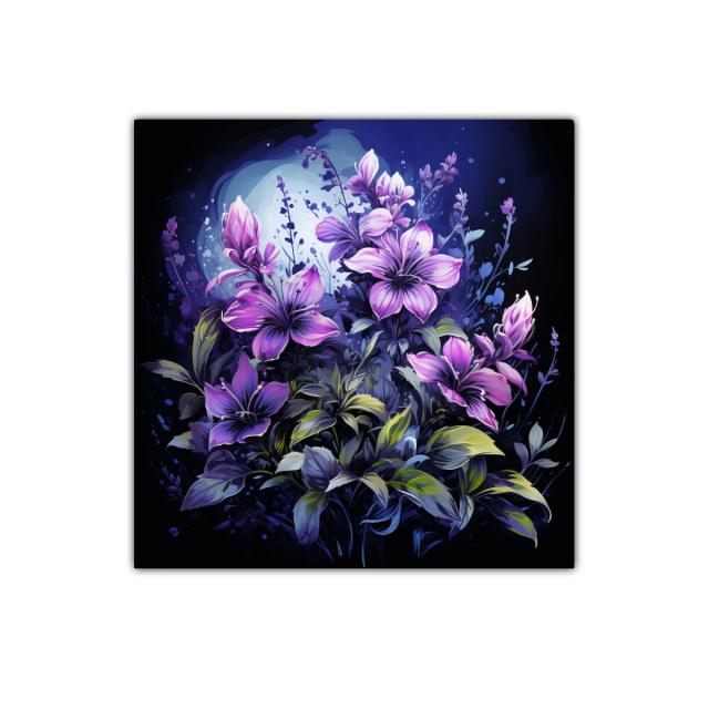 Cuadro floral con lirios violetas en fondo oscuro y luz mágica