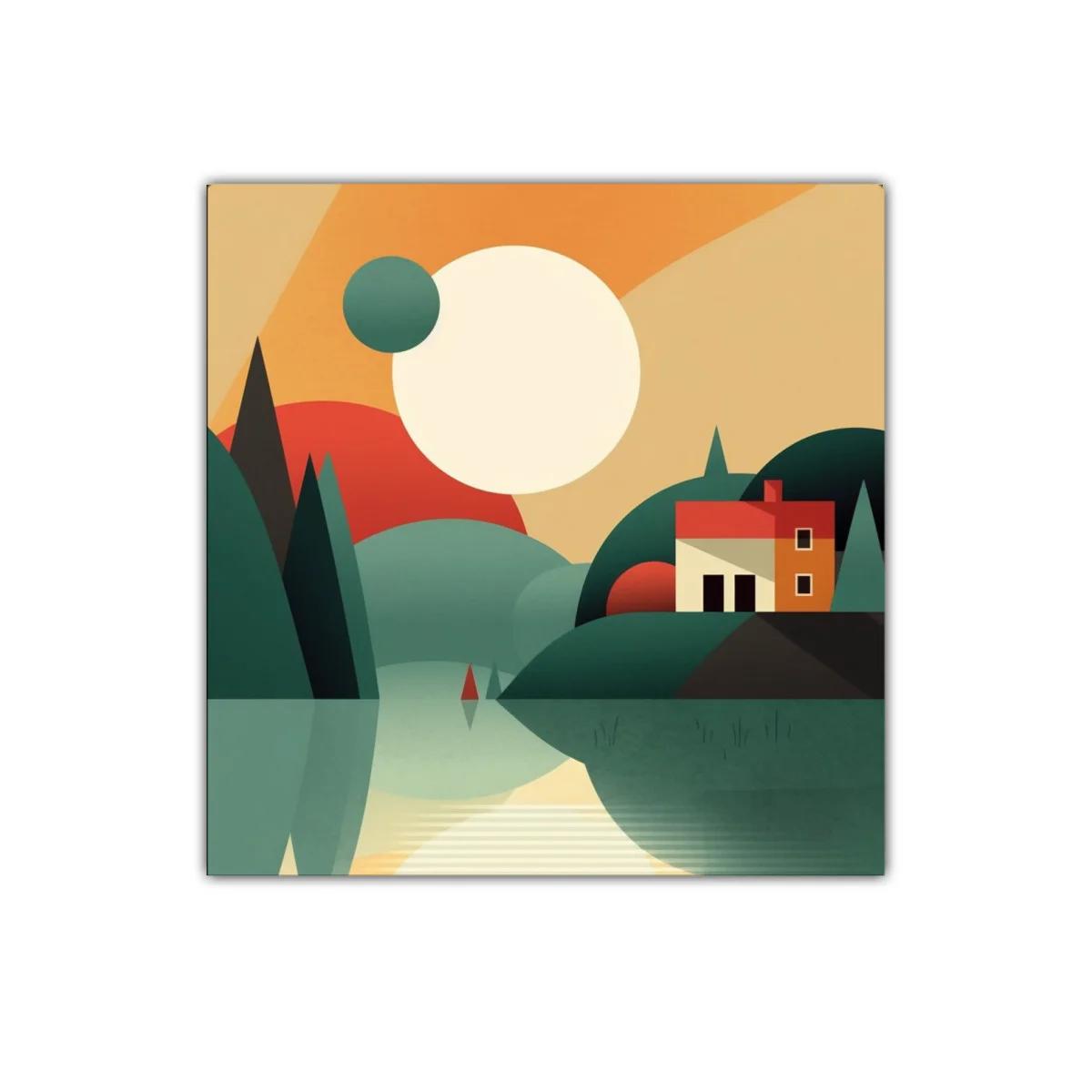 Paisaje geométrico con casa y reflejo en el agua