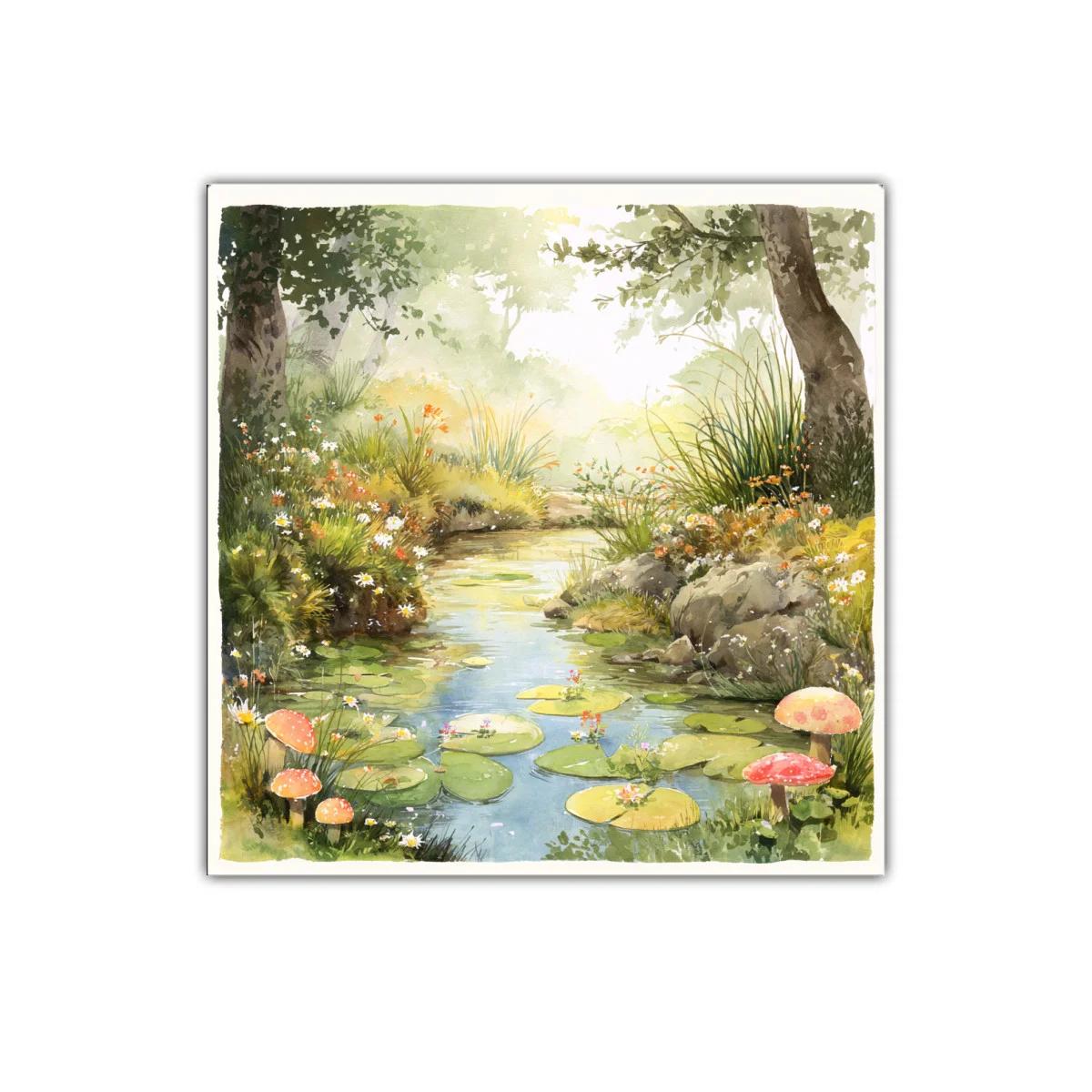 Paisaje natural con estanque y setas entre vegetación — imagen principal