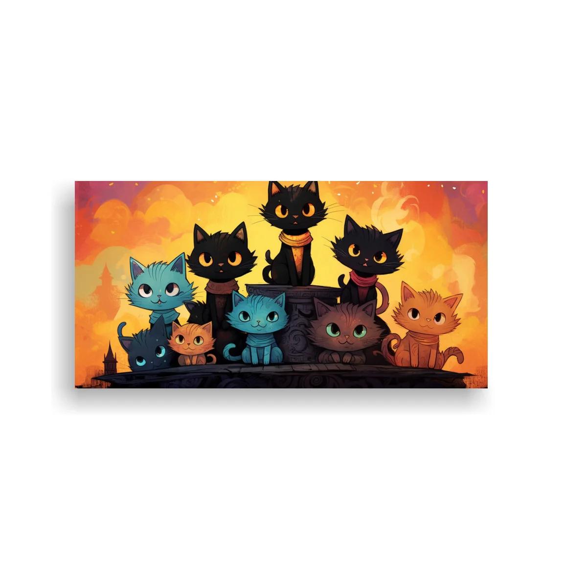 Cuadro grupo de gatos al atardecer con ojos brillantes