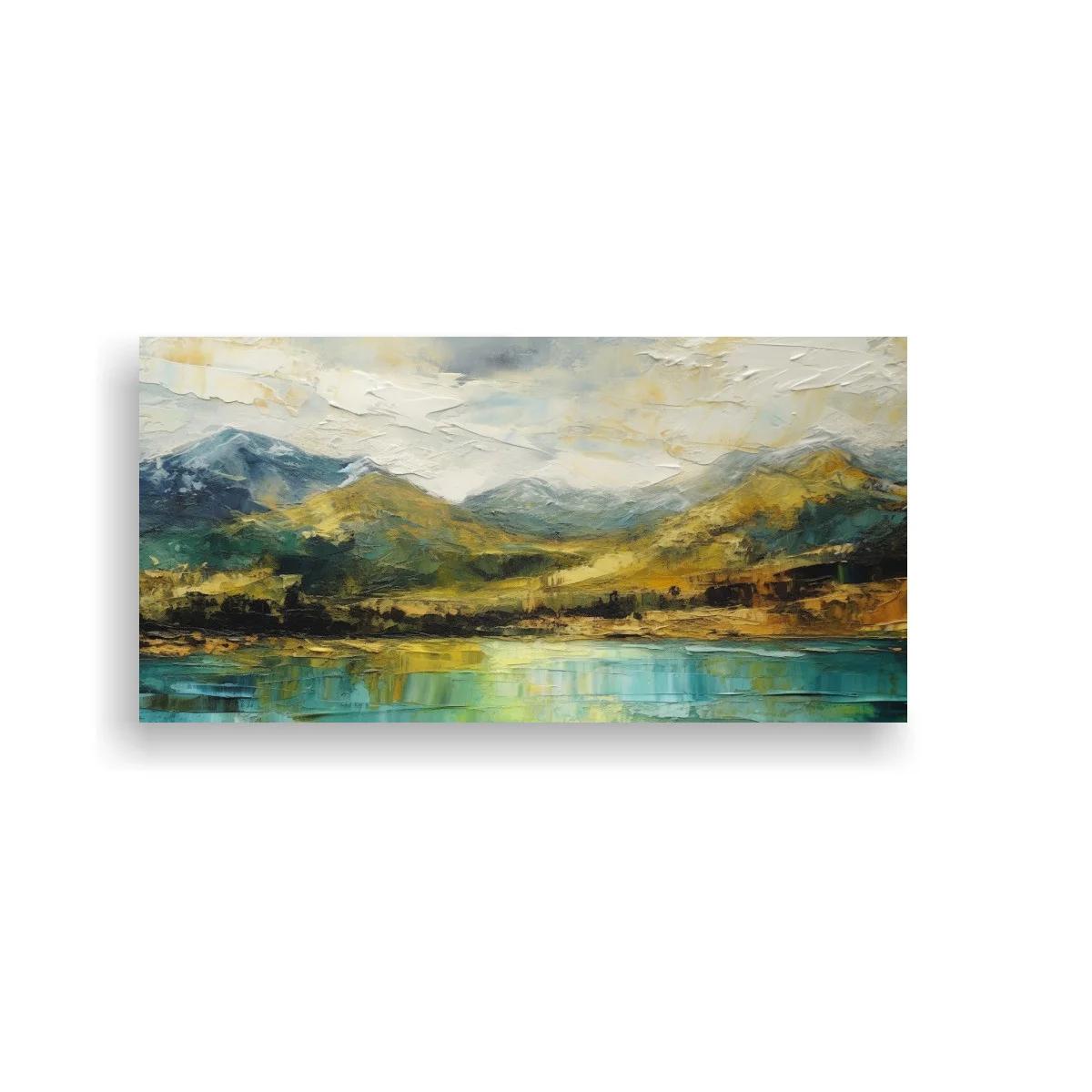 Cuadro paisaje de montaña con lago y agua reflejada